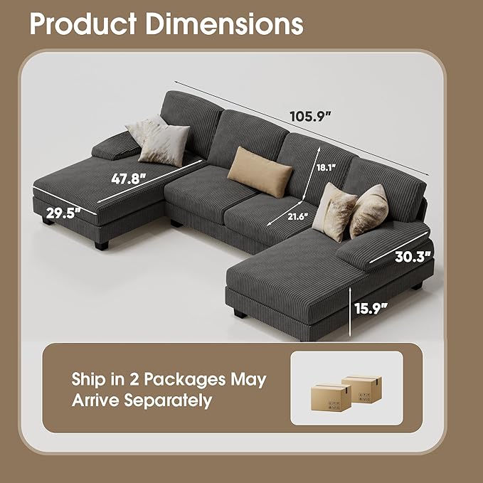 Furmax Sectional Couches for Living Room U-Shaped Sofa Couch with Linen Fabric 4 Seat Sofa Set with Double Chaise for Apartment (Corduroy Dark Grey)
