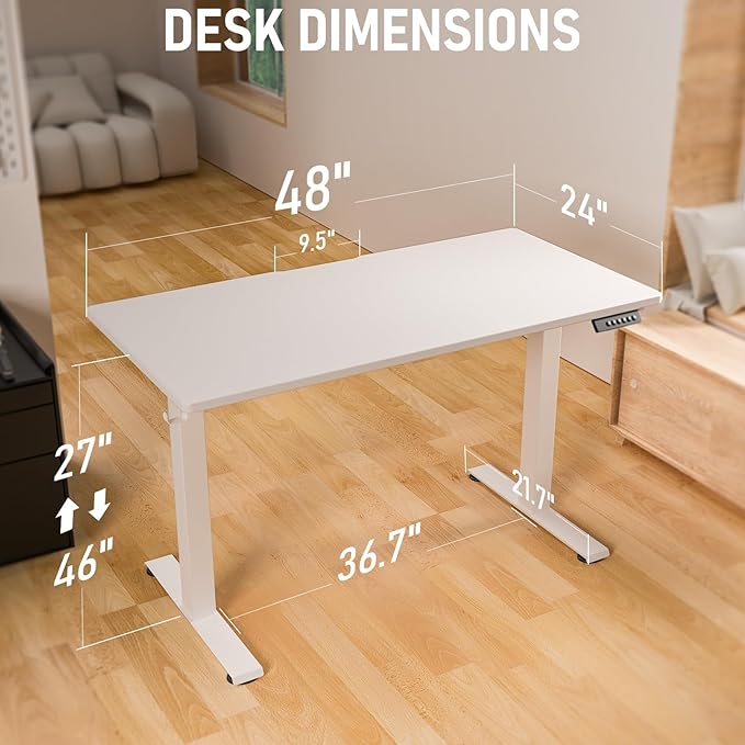 48 x 24 Electric Standing Desk Adjustable Height Sit Stand Desk with 3 Preset Heights &amp 2 Hook Electric Desk for Home Office Gaming White