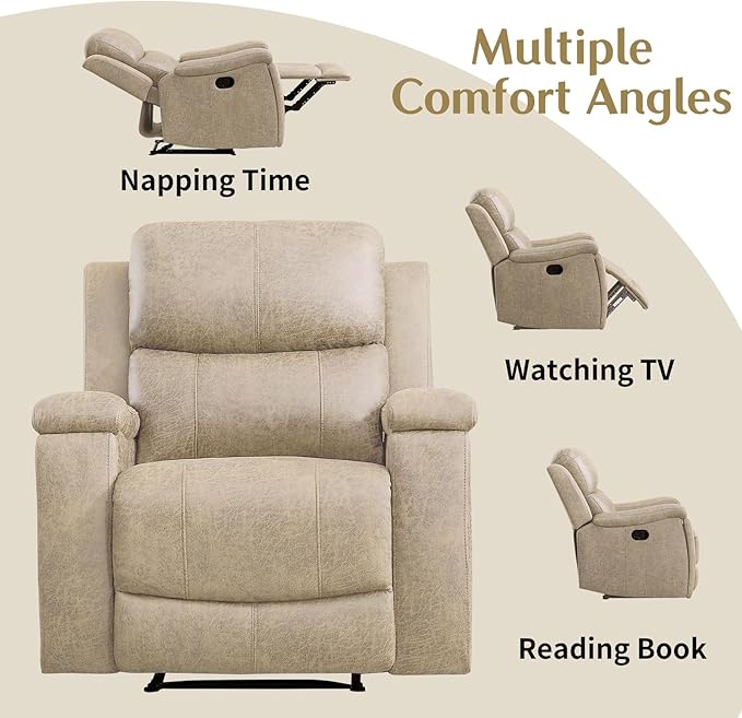 CANMOV Leather Recliner Chair Classic and Traditional Manual Recliner Chair with Overstuffed Arms and Back Manual Single Sofa with Concealed Cup HoldersBeige