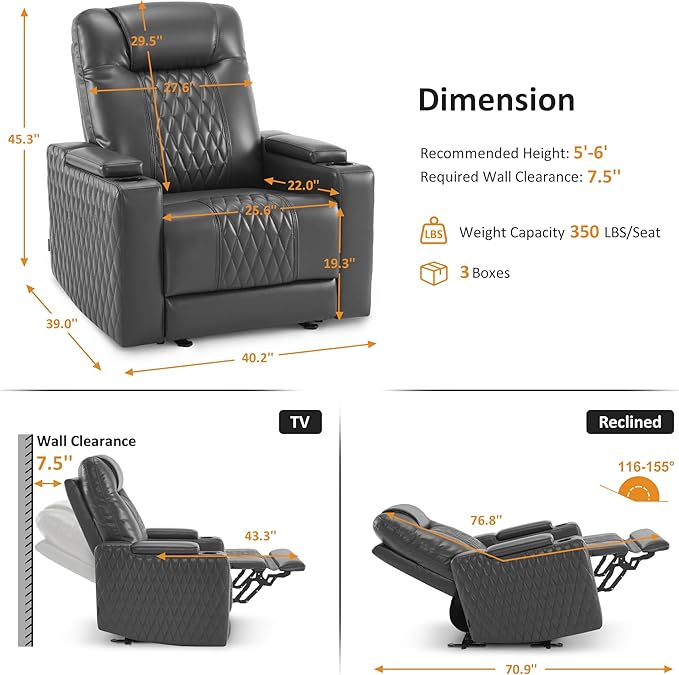 MCombo Zero Gravity Oversized Power Recliner Chair for Adults with Power Headrest &amp LED Light Faux Leather Recliner Chair for Living Room &amp Home Theater USB Port Armrest Storage HTS401