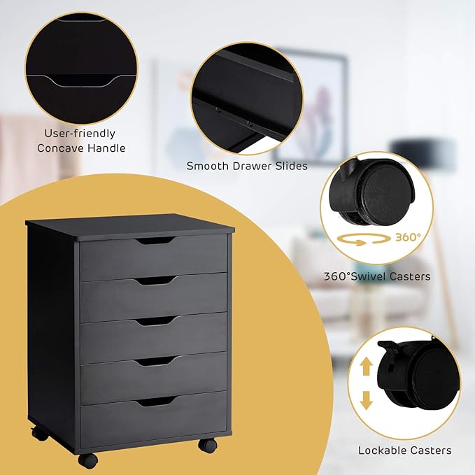 5 Drawers File Storage Cabinet 26.5 Vertical Filling Cabinet for Home Office Under Desk Office Drawer Organizer Universal &amp Lockable Casters Rolling Printer Storage Rack (Black)