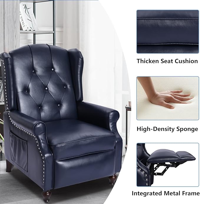 Wingback Recliner Chair with Massage and Heat PU Leather Push Back Arm Chair for Living Room Wingback Recliner with Remote Control Padded Cushion Backrest Wooden Legs
