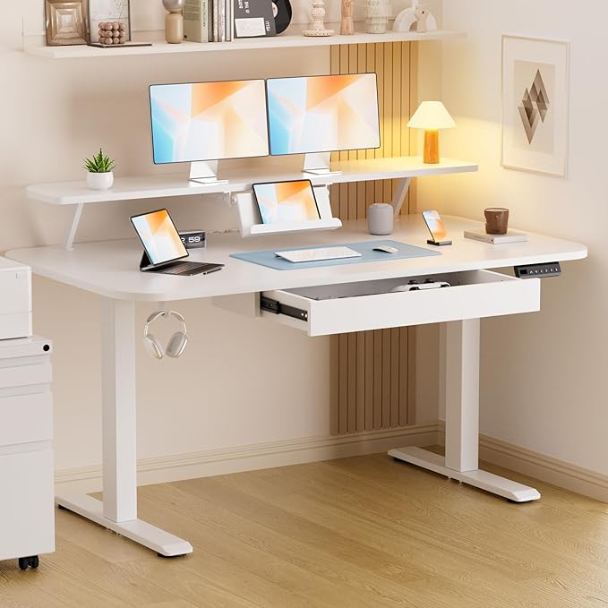 GTPLAYER Electric Standing Desk with Drawers 55 x 24 Inches Height Adjustable Computer Desk with Monitor Stand Laptop Stand Sit Stand up Desk with Memory Preset for Home Office White