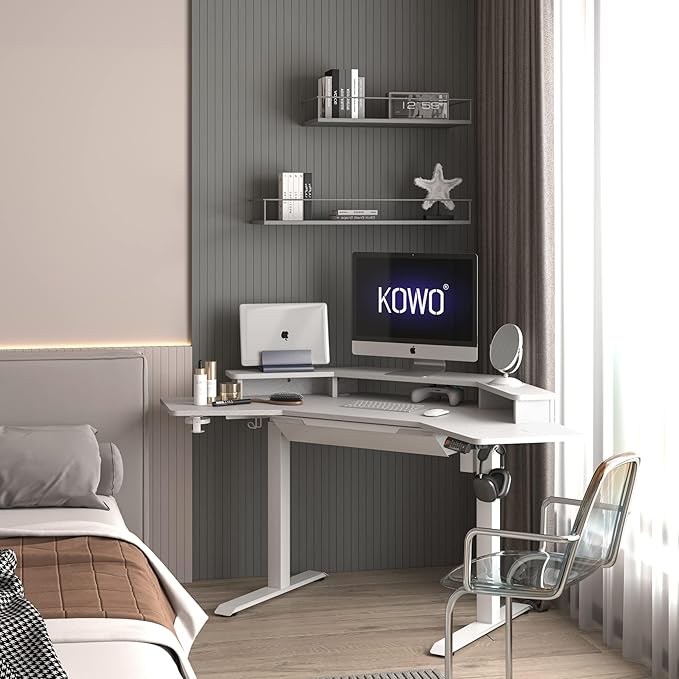 Pemberly Row Corner Electric Height Adjustable L-Shaped Standing Desk Wood and Metal Construction White Finish 47 x 67 in Large Workspace Cable Management Home Office Desk for Sitting or