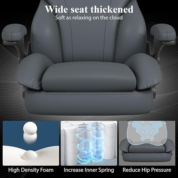 Office Desk Chair Executive Leather Office Chair High Back Ergonomic Home Desk Chair with Padded Flip-up Arms Big and Tall Computer Chair with Rocking Function 360°Swivel Free Gray