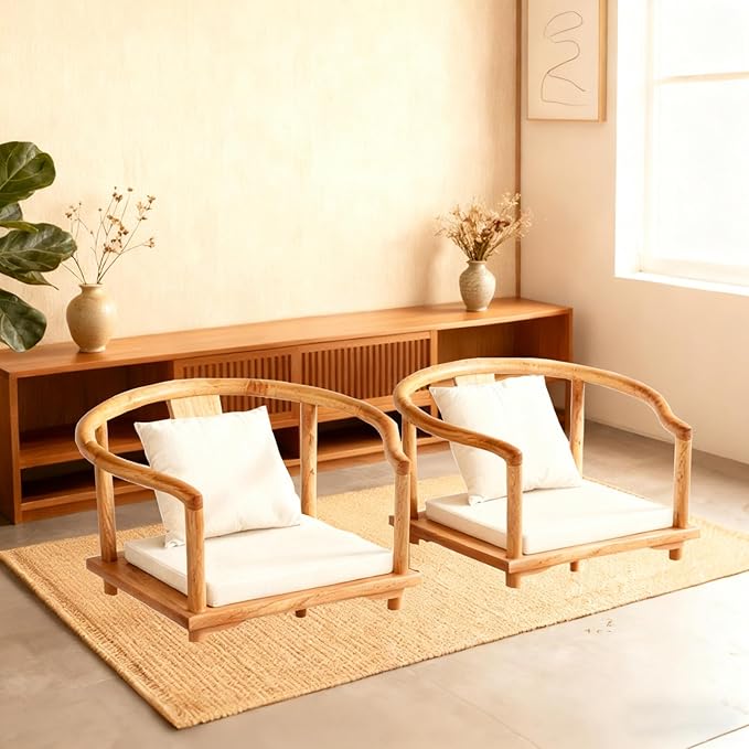 Wooden Japanese Floor Chair with Cushion Multifunctional Floor Armchair with Backrest Accent Meditation Legless Back Rest Chairs for Living Room Bedroom Balcony