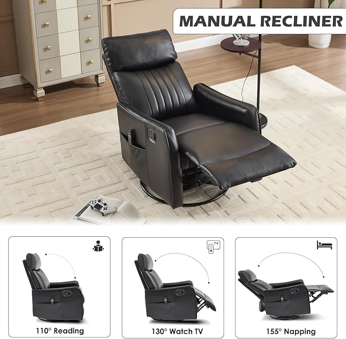 Swivel Rocker Recliner Chair 360° Swivel Recliner with Heat and Massage Rocker Recliner Nursery Glider Chair with Side Pockets for Living Room (Black Faux Leather)