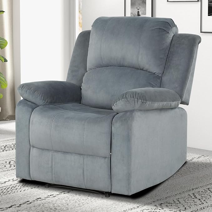 EBELLO Classic Manual Recliner Chair with Soft Padded Headrest and Armrest Overstuffed Recliner Single Sofa Chair for Living Room Bedroom Grey