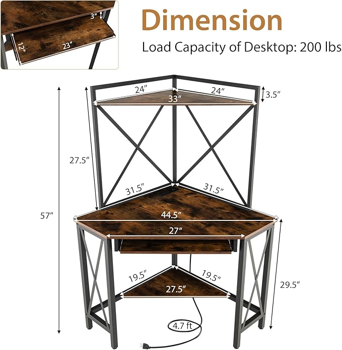 Tangkula Corner Desk with Hutch &amp Charging Station Space-Saving Computer Desk with Shelves &amp Keyboard Tray Triangle Home Office Desk with Metal Frame Corner Desk for Small Space