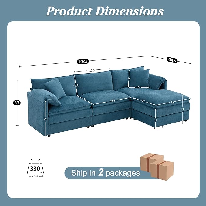 103.5 L Shaped Modern Cloud Sofa Modular Sectional Couch with Ottoman 4-Seat Chenille Deep Seat Sofa with Pillow for Living Room Bedroom and Apartment Blue