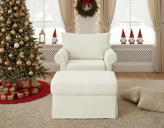 35.8 Accent Chair with Ottoman Set Comfy Chenille Upholstered Armchair with Rolled Arms Modern Single Reading Chair for Living Room Bedroom Apartment Beige