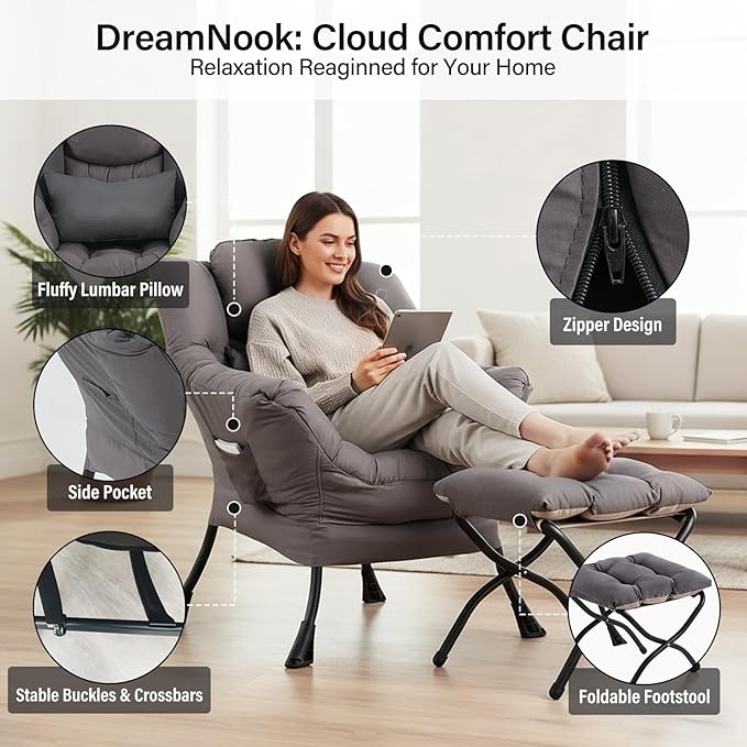 Lazy Chair with Ottoman Modern Accent Chair with Lumbar Pillow Dark Grey Sofa Armchairs with Folding Footrest Oversized Supportive Chairs for Bedroom Reading