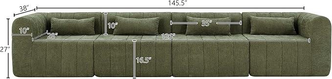 145.5 Inch Modular Full-Compressed Sectional SofaBeige Polyester Upholstered Modular Sofa with 4 PiecesCompressed Sponge Modular Couch for Living Room (Green#81)