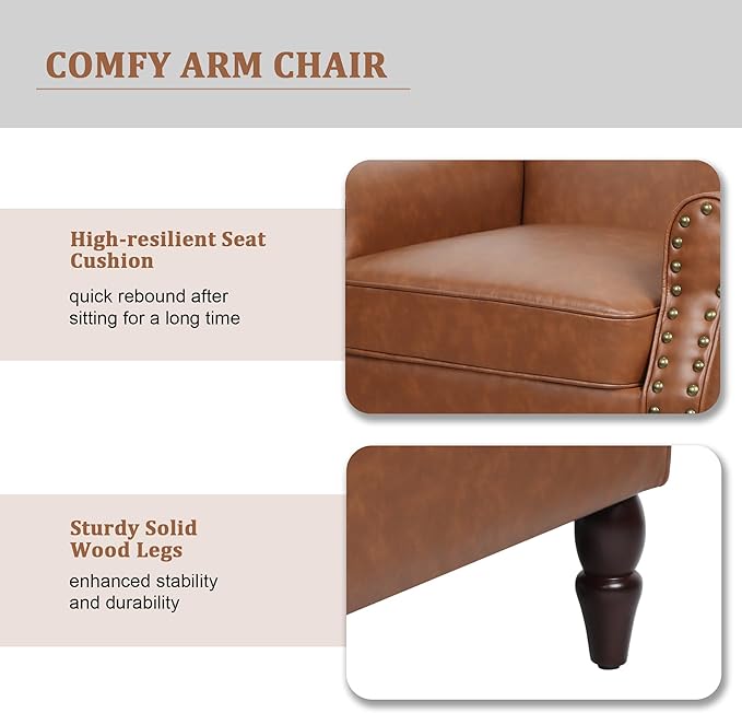 Accent Chair Mid Century Modern Faux Leather Arm Chair with Wood Leg for Living Room Bedroom Comfy PU Leather Club Reading Chairs with Wingback &amp Nailhead Trim (Leather Brown Set of 2)