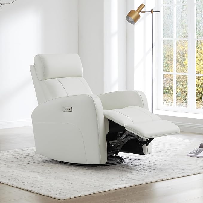 CHITA Genuine Leather Power Swivel Glider Recliner Chair FSC Certified Double Layer Backrest Truck Armrest Recliner Chair Sofa for Living Room-White