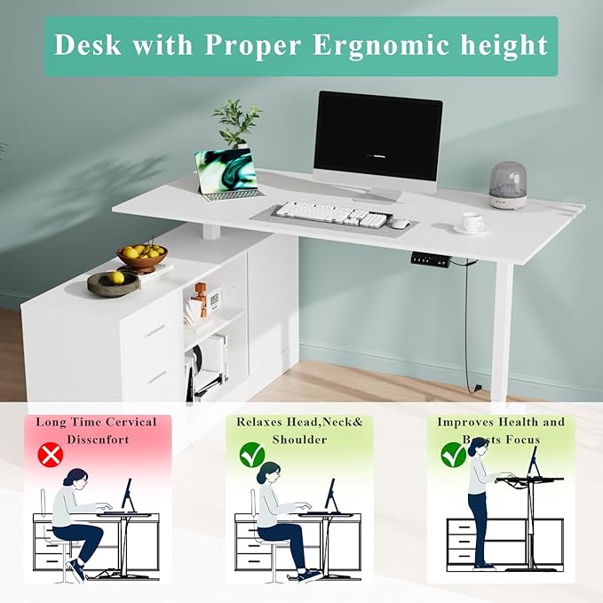 63 L Shaped Electric Standing Desk with File Cabinet Height Adjustable Stand up Desk with Drawers and Shelves Home Office Computer Gaming Table White