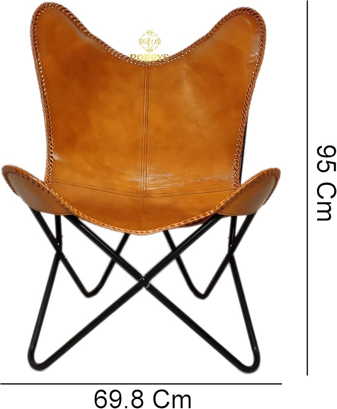 Parry Leather Butterfly Chair for Living Room - Handcrafted Brown Buffalo Leather Foldable Powder Coated Iron Frame Relaxing Chair for Home Decor Lounge Accent Outdoor Indoor