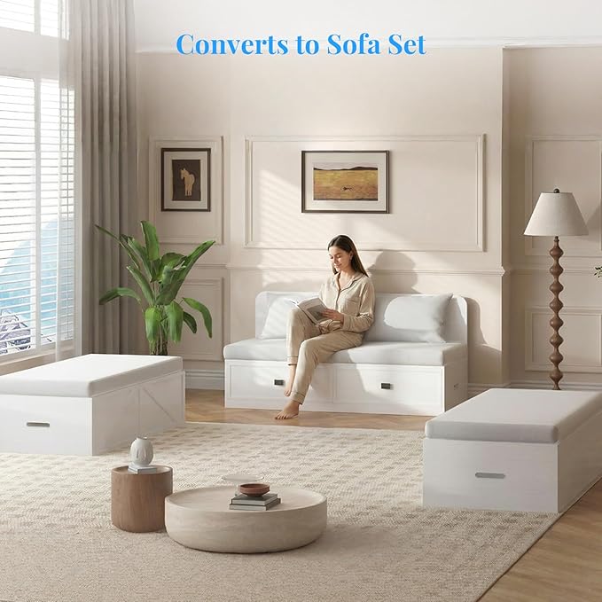 PUREMIND Murphy Bed Full with Mattress Included Wood Cabinet Bed with Dual Storage Drawers &amp 2 Pillows 3-in-1 Convertible Sofa Beds for Small Space Guest Room White