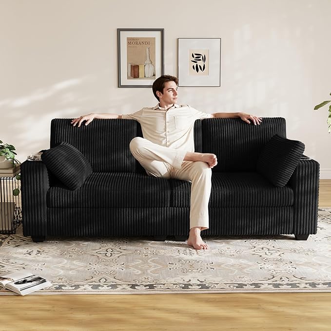 OUYESSIR 80 Loveseat Sofa for Living RoomModern Sofa with USB Charging Ports &amp Cup HoldersComfy Corduroy Couch with Upholstered Cushion3 Seater Deep Seat Couch for Small SpaceBedroom Black