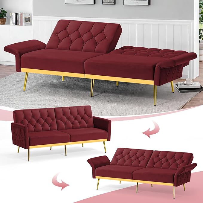 Velvet Sofa Bed w/Adjustable Armrests &amp Backrests Modern Convertible Sleeper Sofa Tufted Futon Sofa for Bedroom Living Room Apartment Red