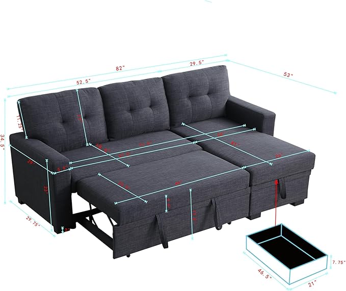 Ball &amp Cast L-Shape Reversible Sectional Sleeper Sofa Bed 4 in 1 Pull Out Couch with Storage Chaise &amp Removable Back CushionsConvertible Sleeper Corner Couch Pull-Out Sofa Bed for Living Room