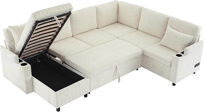 109.9 Modern Sectional Sofa Pull-Out Sofa Bed Sleeper with Storage Ottoman and 2 Cup Holders Chenille Convertible U-Shaped Couch Bed for Living Room (Beige-3.13)