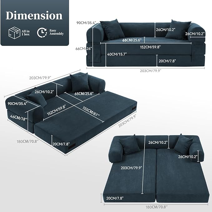 KBQ 3-Seat Convertible Sleeper Sofa Bed with 2 Pillows Corduroy Folding Mattress Couch Floor Sofa Lounge Couch for Living Room Bedroom Lounge Studio Navy Blue