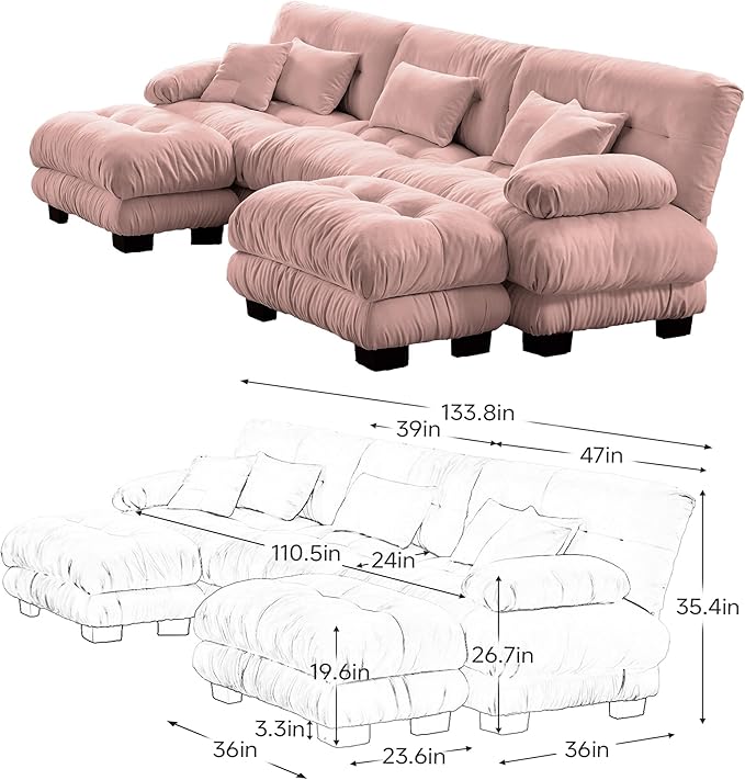 Luxury Modular Sectional Sofa 133.8 Oversized U Shaped Sofa with 5 Pillows Deep Seat Soft Cloud CouchChenille Comfy Couches for Living Room (Pink 3 Seat + 2 Ottoman)