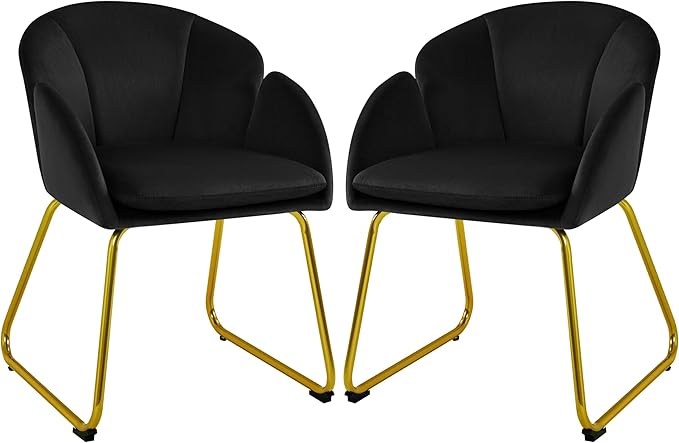 Yaheetech Velvet Living Room Chair Flower Shaped Armchair with Golden Legs Upholstered Side Chair for Vanity Room Living Room Kitchen Dining Room Set of 2 Black