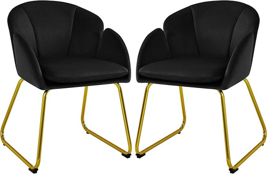 Yaheetech Velvet Living Room Chair Flower Shaped Armchair with Golden Legs Upholstered Side Chair for Vanity Room Living Room Kitchen Dining Room Set of 2 Black
