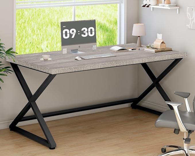 IBF Gray Computer Desk Industrial 60” Work Desk for Writing Study Simple Wooden Metal Executive Home Office Desk Modern Pc Gaming Laptop Workstation Computer Table in Bedroom Light Grey Oak