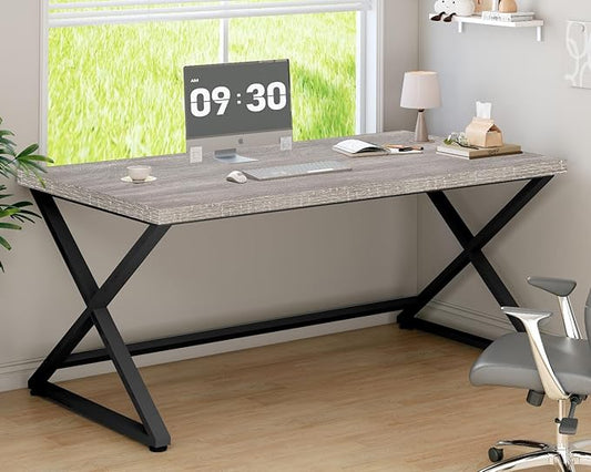 IBF Gray Computer Desk Industrial 60” Work Desk for Writing Study Simple Wooden Metal Executive Home Office Desk Modern Pc Gaming Laptop Workstation Computer Table in Bedroom Light Grey Oak