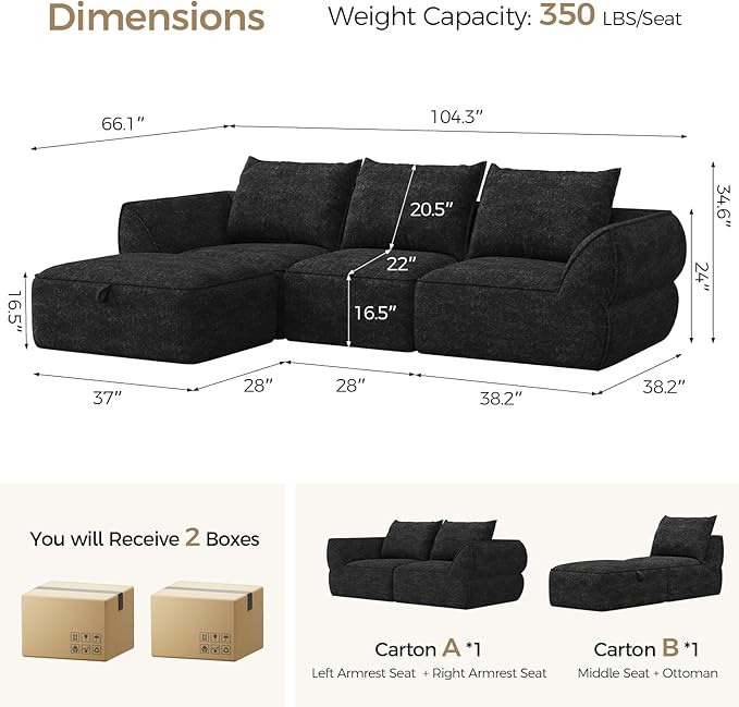 104 Modular Sectional Sofa with Deep Seat L Shaped Cloud Couch for Living Room 3-Seater Boneless Sofa with Movable Ottomans Removable Cover No Assembly Required Graphite Black