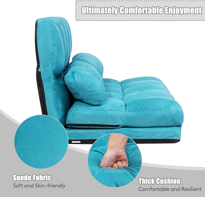 S AFSTAR Safstar Floor Folding Couch and Futon Sofa 6-Position Fabric Sleeper Sofa Bed with 2 Pillows and Sponge Filling Adjustable Lazy Sofa for Living Room and Bedroom (Blue)