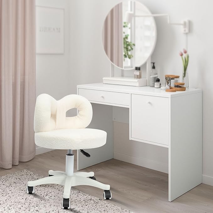 Vanity Chair with Cute Bow Backrest Adjustable Height Bedroom Vanity Stool Roller Chair with 5 Wheels White Make-up Chair Armless Dressing Chair for Bedroom Living Room