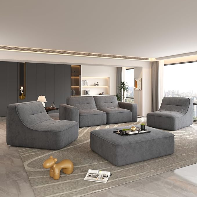143.7 Modern Modular Sofa Set Sectional Couches for Living Room Boneless L Shaped Sofa with Movable Ottoman Oversized Couches Sparkling Chenille Fabric (Grey 5 Seat)
