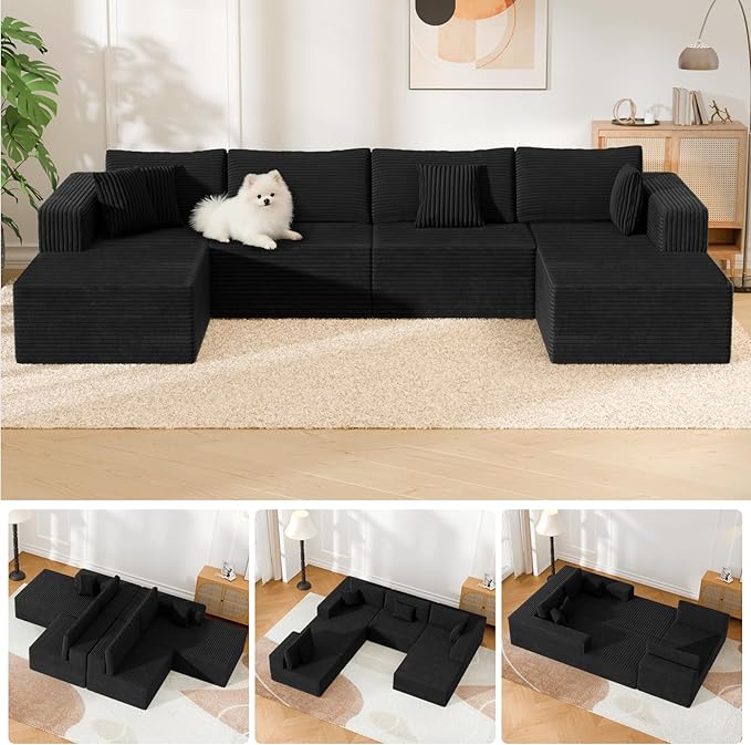 132 U Shaped Couch Oversized Modular Sectional Sofa with Chaise Corduroy U Shaped Couch with Deep Seat Boneless Couches for Living Room No Assembly Required Horizontal Striped Black