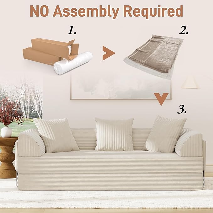 Folding Convertible Sofa Bed with 3 Pillows 79  Corduroy Boneless Couch with Armrest Pockets Lounge Loveseat Sleeper with Pull Out Bed Memory Foam Compressed Sofa for Living Room Bedroom Beige