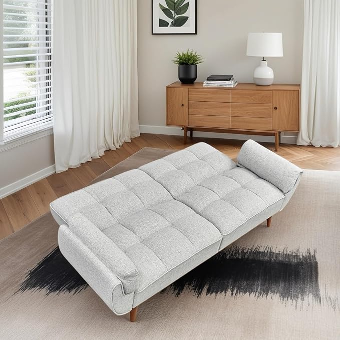 Convertible Futon Sofa Bed Modern Futon Couch with 2 Pillows Small Futons Couch with Adjustable Armrest &amp Backrest Loveseat Sofa Bed for Living Room Bedroom Gray