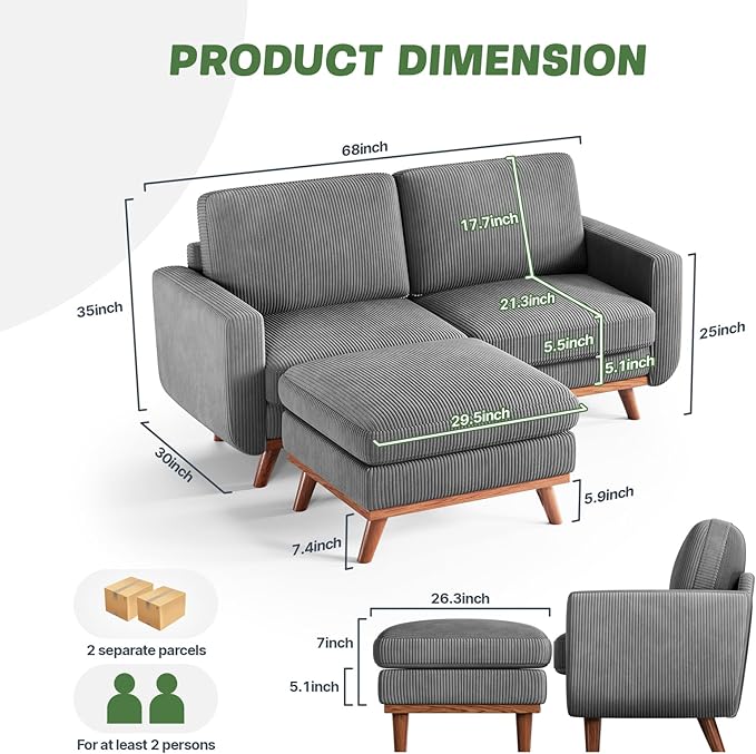 Vesgantti 68 Loveseat Sofa with Movable Ottoman Comfy Corduroy Couch with Spring Cushion Sofa Couch with Solid Wood Modern Office Sofa with Deep Seat for Living Room and Bedroom Dark Gray