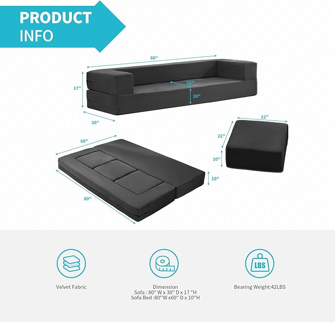 CECER 80 Convertible Floor Sofa BedFolding Sofa Bed with 3 OttomansVelvet Modular Sectional Futon SleeperFoldable Memory Foam Couch for Living Room/Guest Room/Playroom（Dark Grey）