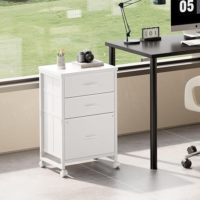 3 Drawer Mobile File Cabinet with Wheels Fabric Vertical Filing Cabinet fits A4 or Letter Size for Home OfficeWhite
