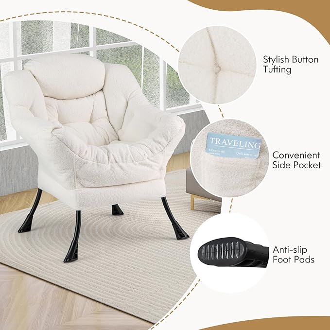 Byroce Lazy Chair with Ottoman Single Sofa Sherpa Chair with PP Cotton Filler Head Pillow &amp Zipper Design Modern Home Office Leisure Set Comfy Lounge Reading Accent Chair for Living Room Bedr