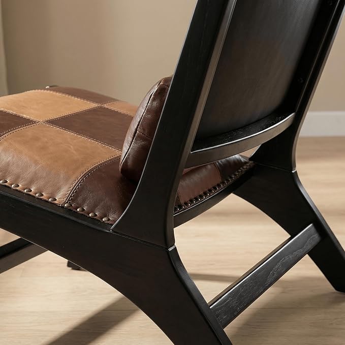 Mid-Century Modern Accent Chair Low-Profile Lounge Chair with Solid Wood Frame Faux Leather Upholstered Patchwork Design for Living Room Bedroom &amp Reading Corner(Antique Brown)