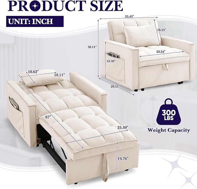 Antetek Sleeper Sofa Chair Bed Convertible Velvet Single Pull Out Sofa Chair Modern Tufted Living Room Reading Chair with Adjustable Backrest/Pillow for Small Spaces Apartment Office Beige