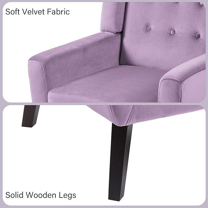 Accent Chair Mid-Century Modern Velvet Fabric Chairs with Arms for Living Room Comfy Upholstered Club Single Sofa Armchair for Bedroom Waiting Room with Solid Wood Frame (Velvet Purple Set of 1)