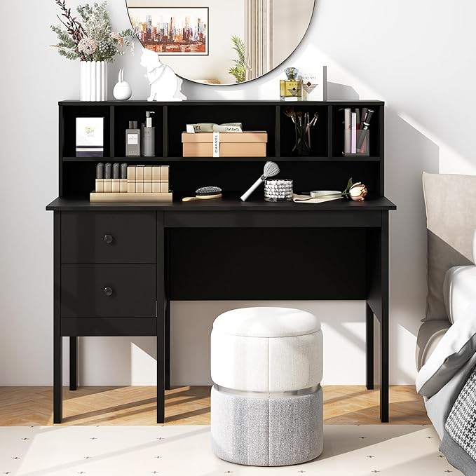 LDAILY Modern Home Office Desk with Hutch Office Desk with USB Charging Ports and Power Outlets Computer Desk with 5 Storage Cubbies and 2 Drawers Writing Study Desk for Bedroom (Black)