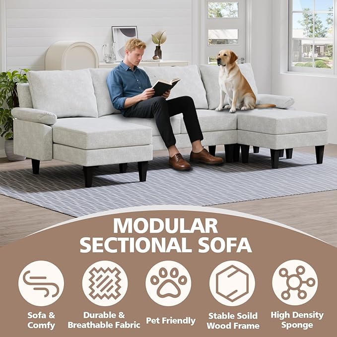 115 Modular Sectional Sofa U Shaped Sectional Comfy Couch for Living Room Convertible Modular Sofa Couch with Ottomans and Chaise High Supportive &amp Soft Sponge 6 Seats Beige