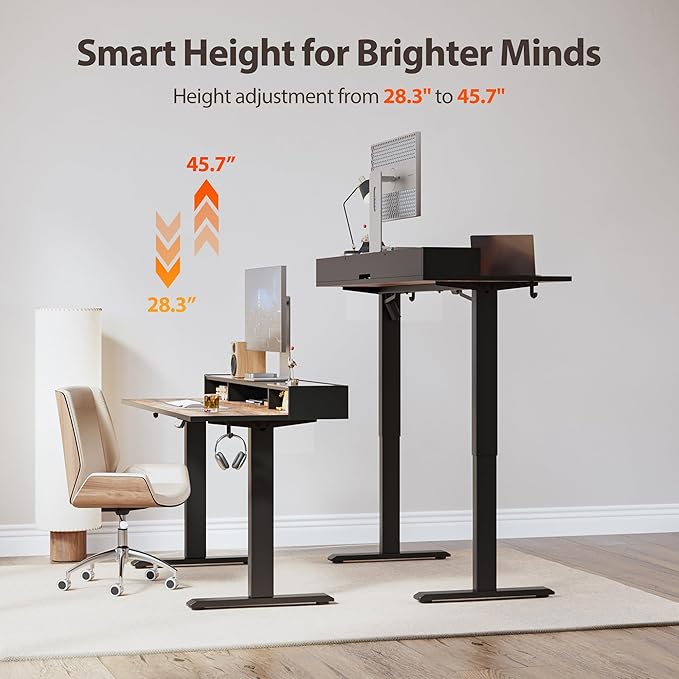 Agilestic Glass Standing Desk with Storage 48 Inch Electric Adjustable Desk with Glass Shelf Sit Stand Up Home Office Computer Table Splice Board Rustic Brown