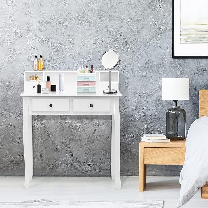Giantex Writing Desk with 4 Drawers Removable Floating Organizer 2-Tier Mission Home Computer Vanity Desk for Apartment Small Space White